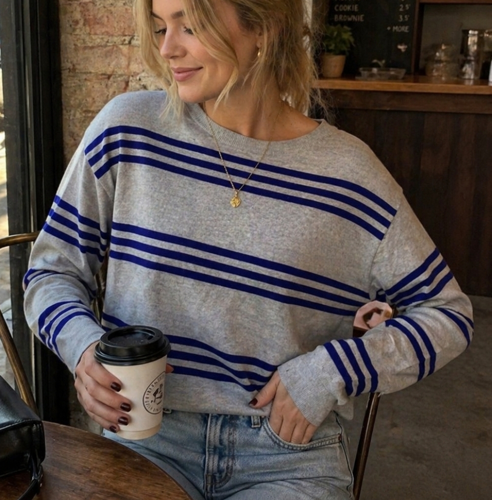 J.Crew 100% Merino Wool Striped Sweater Size S | Gray Blue Lightweight Knit